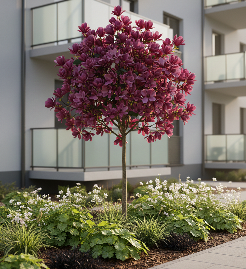 ai sfeerbeeld - Magnolia 'Susan' Halfstam met onderbeplanting van alcemilla mollis, geranium spessart en zegge carex irish green en zwart gras ophiopogon