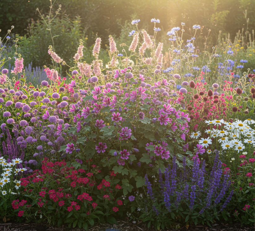 malva-sylvestris in wilde, inheemse tuin met Beemdkroon 'Knautia', Veldsalie 'Salvia', Pimpernel 'Sanguisorba', Wilde Cichorei, Margriet 'Leucanthemum', Valeriaan 'Valeriana' en Dagkoekoeksbloem 'Silene dioica'.