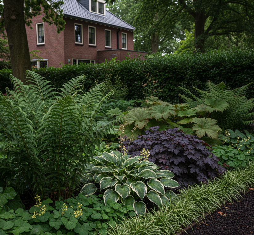 Wintergroene varen Mannetjesvaren Dryopteris affinis 'The King'  met Hosta, Elfenbloem 'Epimeditum' vooraan en Zegge 'Carex' aan de rand, Schout bij Nacht 'Rodgersia' op de achtergrond en donkerpaarse Purperklokje 'Heuchera' ernaast.