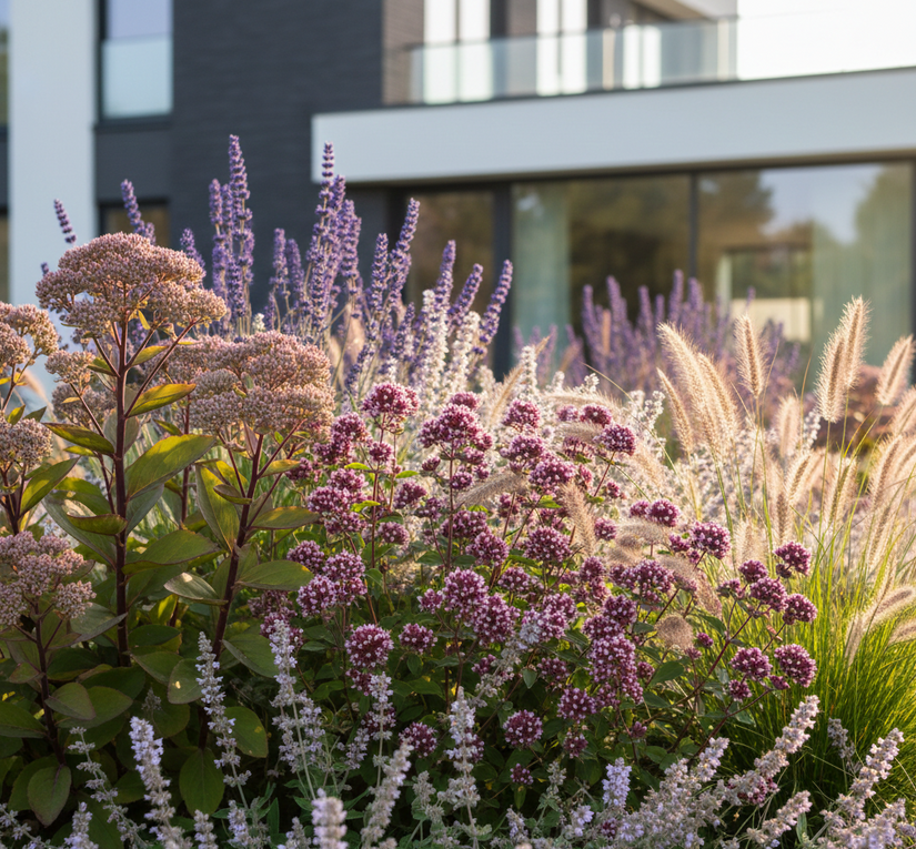 Marjolein plant Origanum rosenknuppel met Kattenkruid 'Nepeta' kit. cat

Lavendel intermedia dutch

Vetkruid 'Sedum' matrona

Bergsteentijm 'Calamintha Nepeta'

Vedergras 'Stipa' ponytails