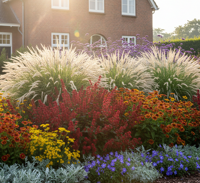 miscanthus morning light met Duizendblad 'Achillea' geel

Duizendknoop 'Persicaria' blackfield

Tuingeranium rozanne aan de rand

Zonnekruid 'Helenium'  moerheim beauty

IJzerhard 'Verbena bonariensis' er achter in diepere borders

Ezelsoor 'Stachys byzantina' vooraan in border