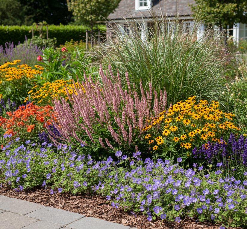Miscanthus sin. kleine silberspinne in border met nagelkruid geum, brandkruid 'phlomis' roze, gele zonnehoed 'rudbeckia', leliegras en ooievaarsbek rozanne voorlangs