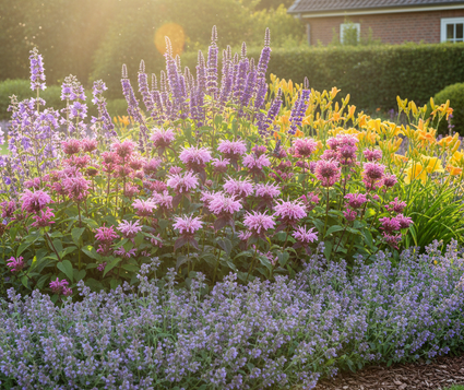 Monarda beauty of cobham met Dropplant 'Agastache' black adder prachtig er achter

Brandkruid 'Phlomis' 

Daglelie 'Hemerocallis' geel

Kattenkruid 'Nepeta' aan de rand