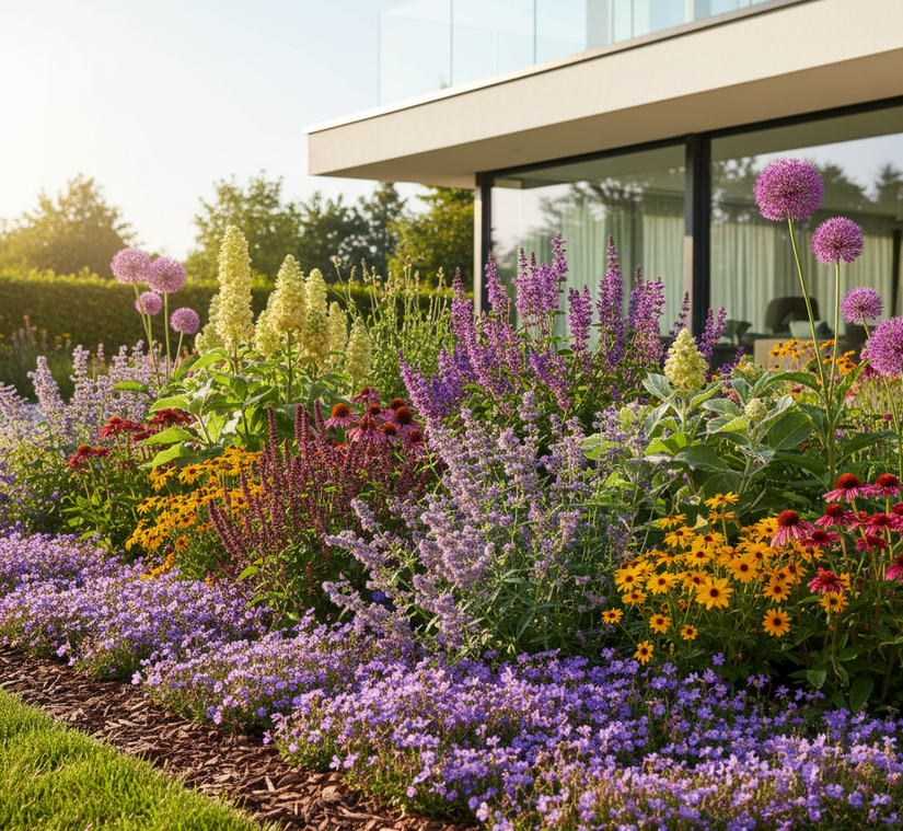 Kattenkruid Nepeta blue wonder in groepjes beplanting border met Salie 'Salvia' caradonna
Rode Zonnehoed 'Echinacea'
Gele Zonnehoed 'Rudbeckia' 
Sierui 'Allium'
Brandkruid 'Phlomis' 
Ooievaarsbek 'geranium' ervoor
Dropplant 'Agastache' bijentrekkers