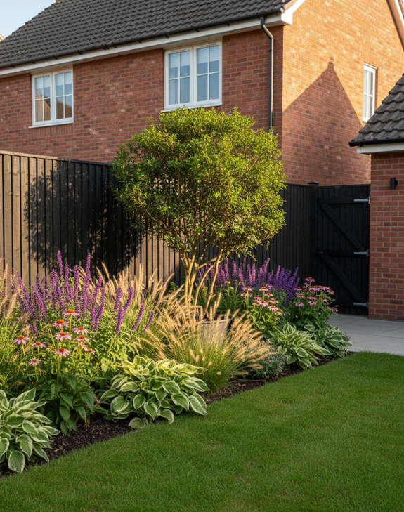 wintergroene Osmanthus burkwoodii solitaire, meerstammige in vaste planten border met salie, hosta, rode zonnehoed en lampenpoetsersgras