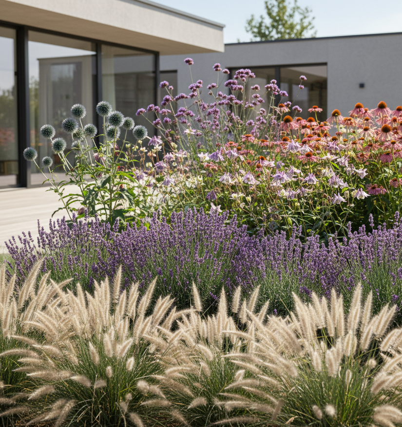 Lage Lampenpoetsersgras - pennisetum little bunny vooraan in border met Lavendel 'Lavandula' intermedia dutch er achter

Akelei 'Aquilegia' en kogeldistel veitch blue er achter

Zonnehoed 'Echinacea' er achter en ijzerhard verbena bonar. helemaal achteraan. 