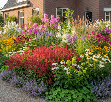 Persicaria amplexicaulis 'Taurus' met Ooievaarsbek 'Geranium'

Herfstasters

Zilverkaars 'Actaea'

Vlambloem 'Phlox'

Rode, Witte of Groene Zonnehoed 'Echinacea'

Gele Zonnehoed 'Rudbeckia'

Kogeldistel 'Echinops' 

Kattenkruid 'Nepeta' 

Vrouwenmantel 'Alchemilla

Dropplant 'Agastache' (ernaast)

Siergrassen als Vingergras 'Panicum', Struisriet 'Calamagrostis' en Pijpestrootje 'Molinia'.