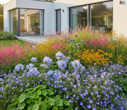 Phlox 'Blue Boy'  in border in speelse groepjes met vrouwenmantel en geranium rozanne ervoor en er achter duizendknoop lisan, gele zonnehoed rudbeckia, kogeldistel veitch blue en pijpestrootje molinia moorhexe en struisruit karl foerster siergrassen.