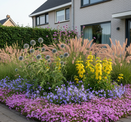 Phlox subulata 'Atropurpurea' in border met Brandkruid 'Phlomis' geel

Kogeldistel 'Echinops' TIP

IJzerhard 'Verbena' helemaal achteraan

 Lampenpoetsergras 'Pennisetum' Pijpestrooje 'Molinia'

Klokjesbloem 'Campanula' randbeplanting