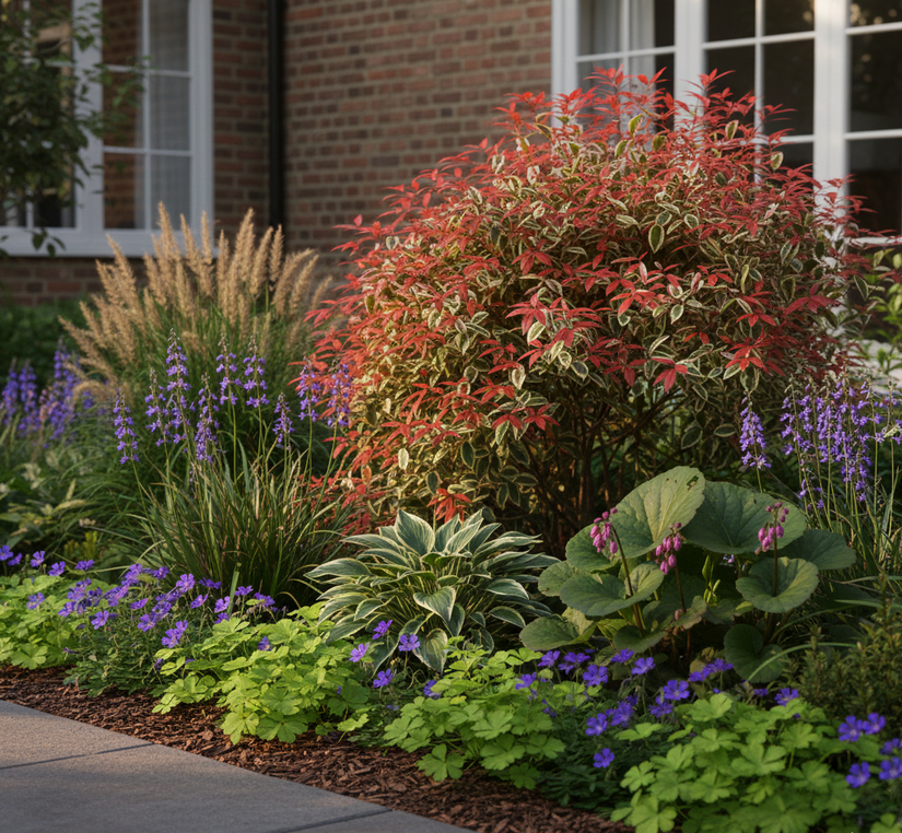pieris flaming silver met Vrouwenmantel 'Alchemilla'

Tuingeraniums als randbeplanting

Hartlelie 'Hosta' (schaduw)

Schoenlappersplant 'Bergenia'

Klokjesbloem 'Campanula'

Lampenpoetsersgras 'Pennisetum', Leliegras 'Liriope