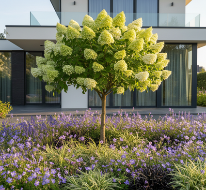 volgroeide pluimhortensia limelight op stam met onderbeplanting: Ooievaarsbek geranium rozanne, Zegge carex ice dance, Zwart gras ophiopogon en Klokjesbloem campanula op voedingsrijke, niet te droge grond.
