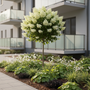 pluimhortensia op- stam kyushu met onderbeplanting: geranium marcror. spessart, carex ice dance en alchemilla mollis. 