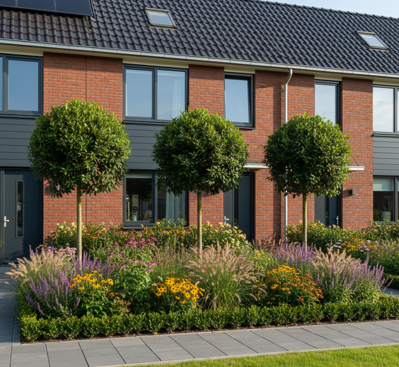 volgroeide wintergroene Portugese laurier op hoge stam in voortuin