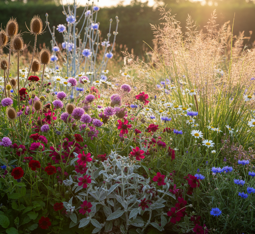 Lychnis coronaria 'Atrosanguinea' met Beemdkroon 'Knautia', Grote Kaardebol, Margriet 'Leucanthemum', Korenbloem, Pimpernel 'Sanguisorba', Wilde Cichorei (er achter), Lampepoetsersgras 'Pennisetum' en Pijpestrootje 'Molinia' in wilde border