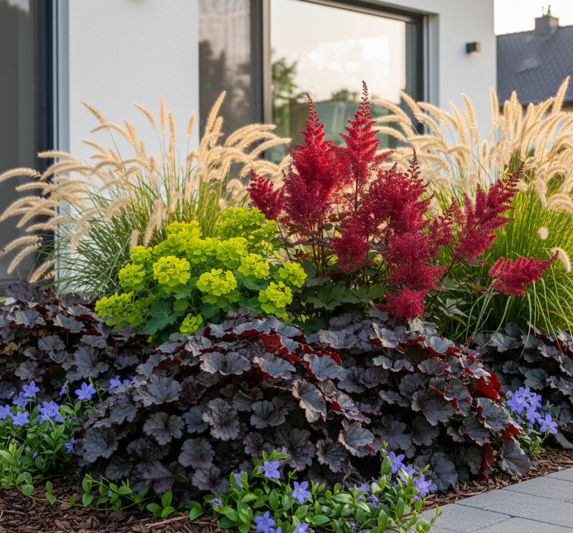 heuchera obsidian met astilbe fanal,

Klokjesbloem 'Campanula' randbeplanting

Maagdenpalm 'Vinca minor' voor groenblijvend accent vooraan

Wolfsmelk 'Euphorbia' in halfzon border en lampenpoetsersgras hameln