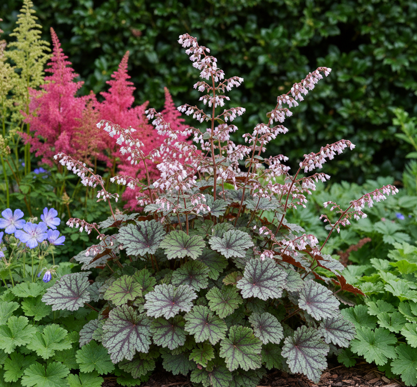 purperklokje Heucherella tapestry met astilbe en ooievaarsbek in schaduwrijke border