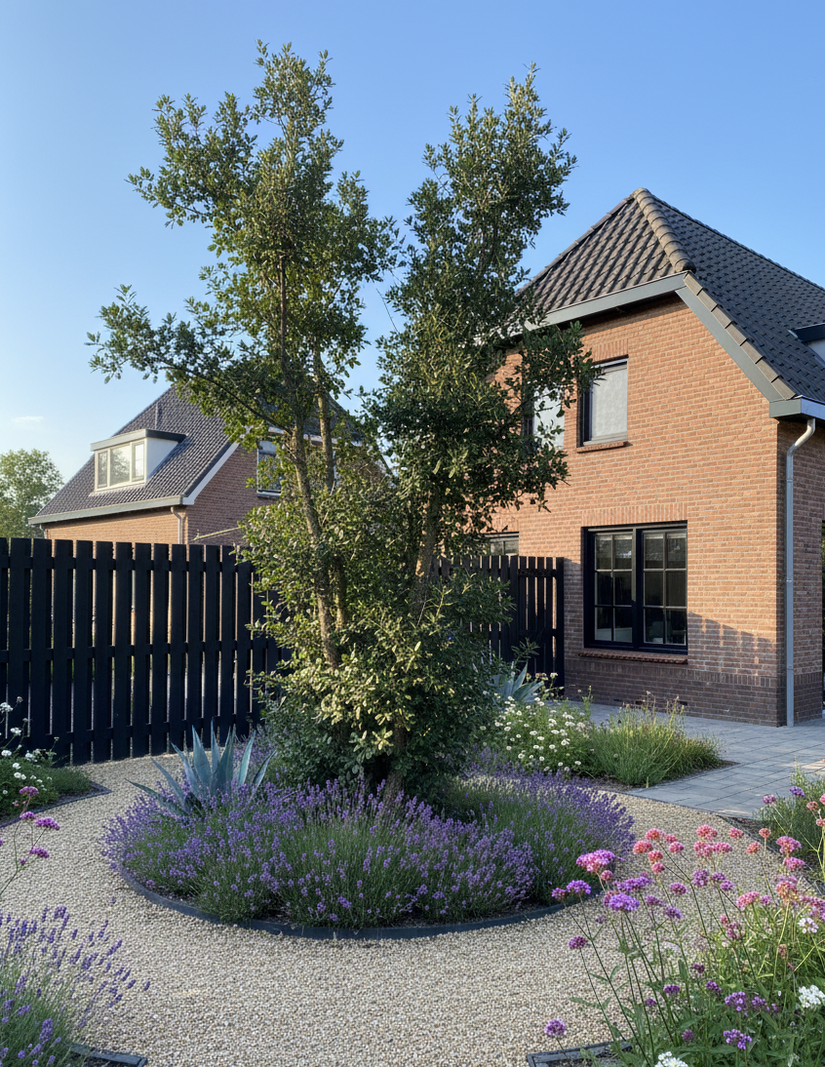 quercus suber multistam meerstammige kurkeik in border met lavendel