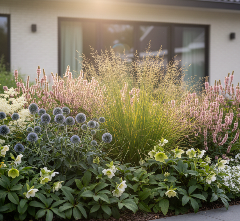 Deschampsia cespitosa 'Goldtau' met Nieskruid 'Helleborus' aan de rand + kogeldistel veitch blue en brandkruid roze.
