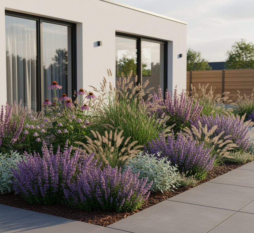 salie pratensis in moderne tuin bij villa met Pijpestrootje 'Molinia', Vedergras 'Stipa' en Lampepoetsersgras 'Pennisetum', Zonnehoed 'Echinacea', Ooievaarsbek 'geranium', Kattenkruid 'Nepeta', Akelei 'Aquilegia', Lavendel en Dropplant 'Agastache' 