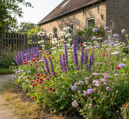 salie pratensis in natuurlijke boerderijtuin samen met Gewone margriet 'Leucanthemum'

Kleine pimpernel 'Sanguisorba'

Wilde marjolein 'Organo'

Duifkruid 'Scabiosa'