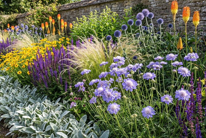 scabiosa cauc. perfecta in border met 'Salvia' mainacht,

Vedergras 'Stipa' siergras

Kogeldistel 'Allium'

Meisjesogen 'Coreopsis'

Ezelsoor Stachys 'Big Ears' aan de rand en

Vuurpijl (Kniphofia) 

