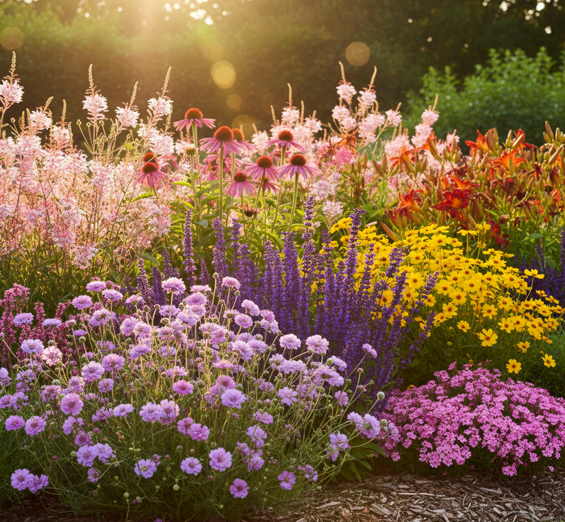  Zonnehoed 'Echinacea' planten, Gele Zonnehoed Rudbeckia, Veldsalie 'Salvia', Zeepkruid 'Saponaria', Knoopkruid, Lavendel, Gewone Agrimonie, Smal Fakkelgras, Meisjesogen 'Coreopsis', Prachtkaars 'Gaura' en rode Daglelie 'Hemerocallis'