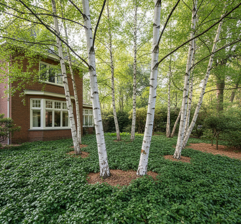 Schaduwkruid Pachysandra green carpet onder berk 'Betula' bomen, sterke combinatie.