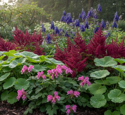 Chelone obliqua in border met Astilbe fanal, Alchemilla mollis, en Monnikskap Aconitum blauw