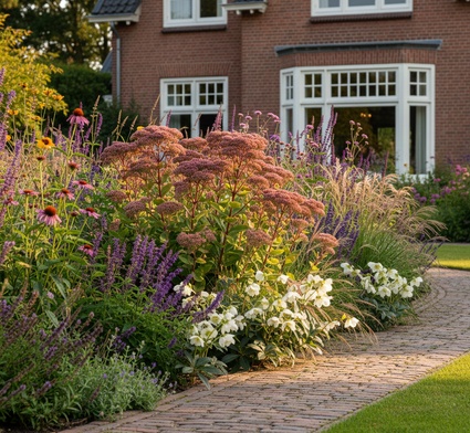 Sedum 'Matrona' in border met salie mainacht, lampenpoetsersgras Pennisetum, Rode zonnehoed 'Echinacea', Nieskruid 'Helleborus' niger voorlangs en ijzerhard verbena achteraan.