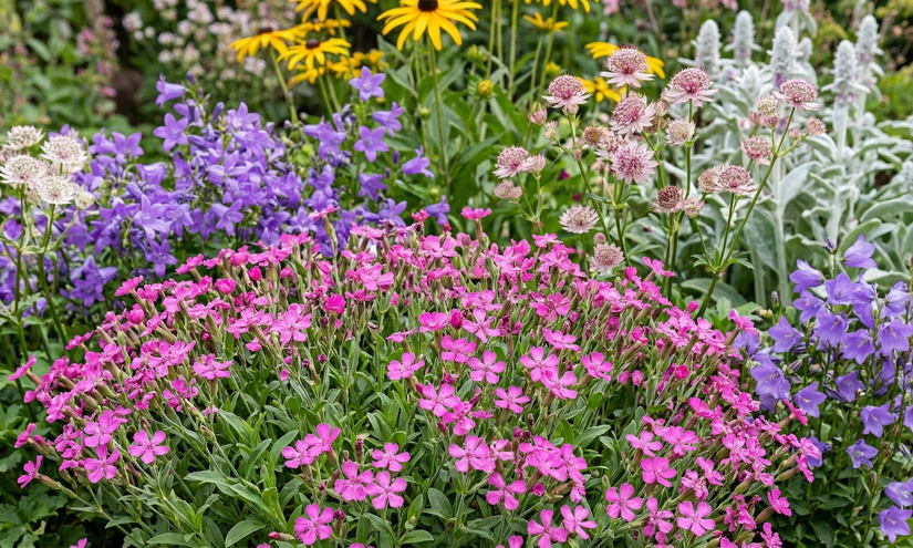  silene schafta combioneren met Klokjesbloem 'Campanula', Zeeuws knoopje 'Astrantia', gele zonnehoed Rudbeckia en Ezelsoor stachys.