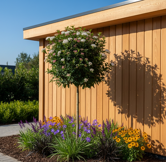 viburnum tinus boompje op stam met Zegge carex irish green, Zwart gras ophiopogon, Gele zonnehoed en Salie mainacht.