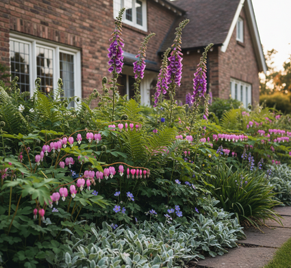 Dicentra spectabilis in border met Vingerhoedskruid 'Digitalis'

Varens 'Dryopteris'

Ezelsoor 'Stachys'

Ooievaarsbek 'Geranium'

Leliegras 'Liriope'