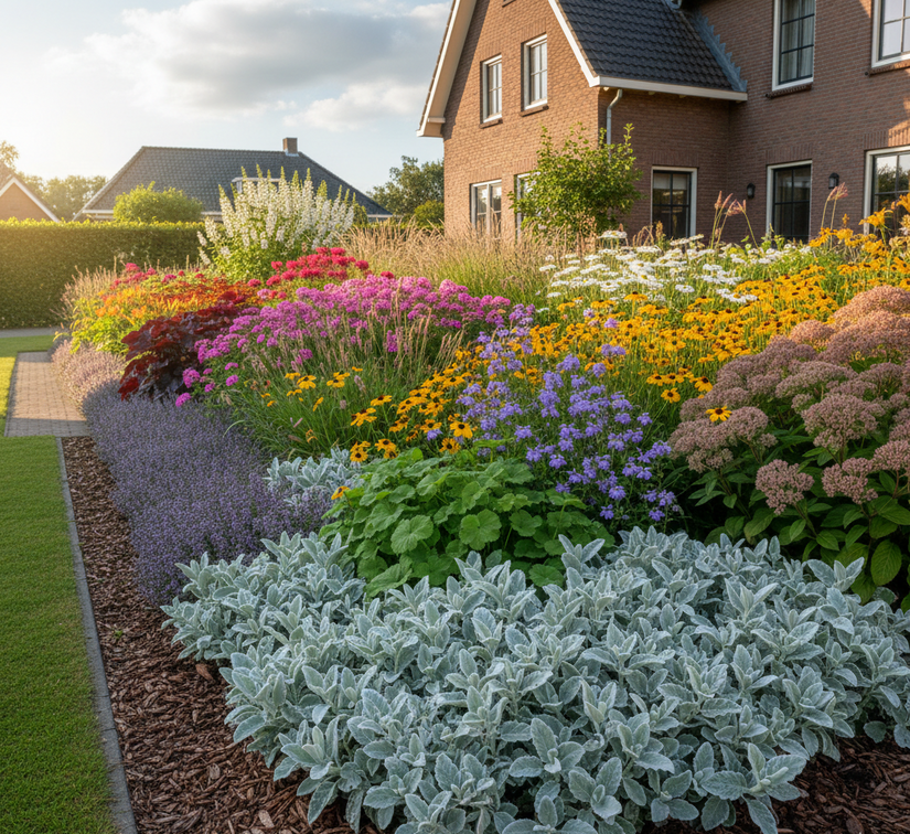 Stachys byzantina 'Silver Carpet' in border met Vrouwenmantel 'Alchemilla'

Duizendblad 'Achillea'

Zonnekruid 'Helenium'

Duifkruid 'Scabiosa'

Meisjesogen 'Coreopsis'

Purperklokje 'Heuchera' niet in de volle zon

Vetkruid 'Sedum' matrona