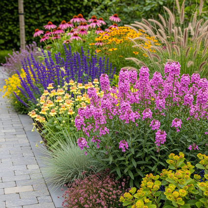 steenraket bowles mauve voorbeeld border met Salie 'Salvia'  Caradonna (blauw)
Nagelkruid 'Geum'
Rode Zonnehoed 'Echinacea' 
Meisjesogen 'Coreopsis' 
Duizendblad 'Achillea' 
Vedergras 'Stipa' siergrassen Lampenpoetsersgras Pennisetum
Wolfsmelk 'Euphorbia' (voorgrond)