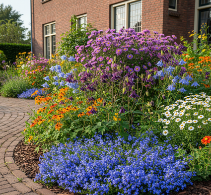 steenzaad lithodora heavenly blue (op voorgrond) met margriet, asters, akelei 'aquilegia' en zonnekruid 'helenium'