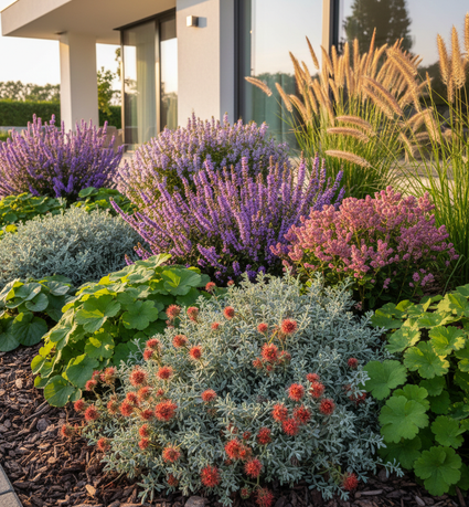 Stekelnootje Acaena buchananii (op voorgrond)

Vetkruid 'Sedum'

Mansoor 'Asarum'

Vrouwenmantel 'Alchemilla'

Lampepoetsersgras 'Pennisetum',

Ereprijs 'Veronica spicata'