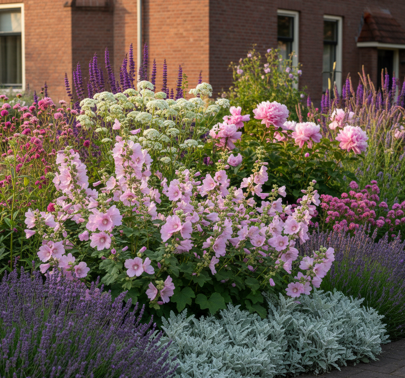 Struikmalva - Lavatera olbia 'Rosea' in border met Dropplant 'Agastache' 
Ezelsoor 'Stachys' ervoor
Lavendel intermedia dutch als randbeplanting
Herfstaster 'Aster' roze
Pioenroos 'Paeonia'
Duizendblad wit