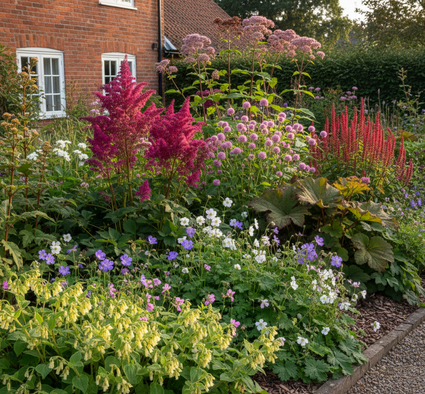 Ooievaarsbek 'Tuingeraniums' zoals Rozanne, Spessart, Ingwersen Variety en Biokovo
Duizendknoop 'Persicaria'
Spierstruik 'Astilbe'
Schout bij Nacht 'Rodgersia' op schaduwrijke plekken
Koninginnekruid 'Eupatorium'
Beemdkroon 'Knautia'