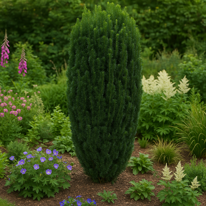 groene zuiltaxus met astilbe en ooievaarsbek combinatie - ai sfeerbeeld