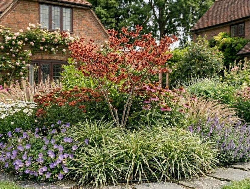 combinatie met zegge carex ice dance, geraniums, zonnehoed 'echinacea' en duizendblad 'achillea'