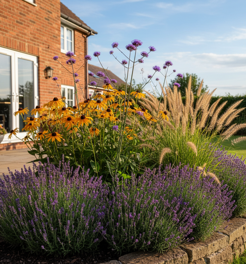 verbena bonariensis lollipop met gele zonnehoed rudbeckia er achter en siergrassen pennisetum hameln en lavendel hidcote