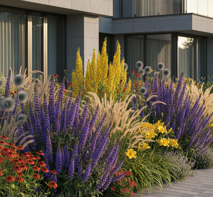 veronica longifolia blauriesin  combineren met brandkruid, lampenpoetsersgras, Zonnekruid Helenium
Daglelie 'Hemerocallis' 
Kogeldistel 'Echinops' 