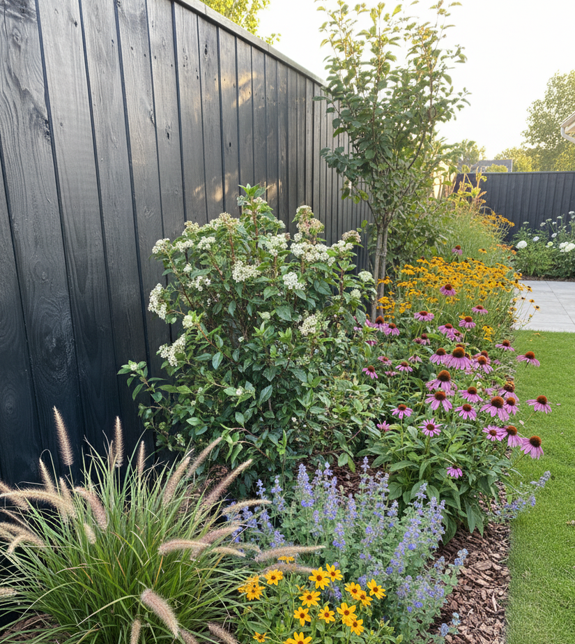wintergroene viburnum tinus struik (wit in bloei) in border met gele zonnehoed, rode zonnehoed, lampenpoetsersgras en kattenkruid.