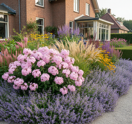 vlambloem phlox laura met Duizendblad 'Achillea', allerlei siergrassen, Bergamotplant 'Monarda', Zonnekruid 'Helenium', Kogeldistel 'Echinops' en meer vaste planten zoals Ooievaarsbek 'geraniums'