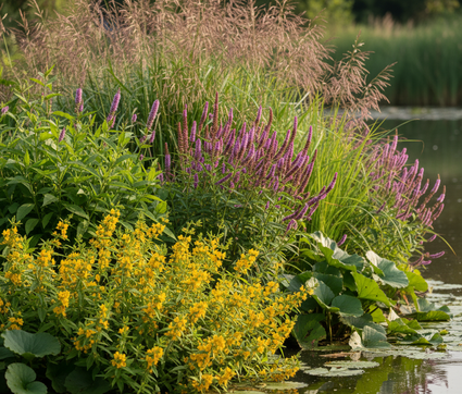 wederik lysimachia vulgaris met kattenstaart, hoefblad en struisriet.