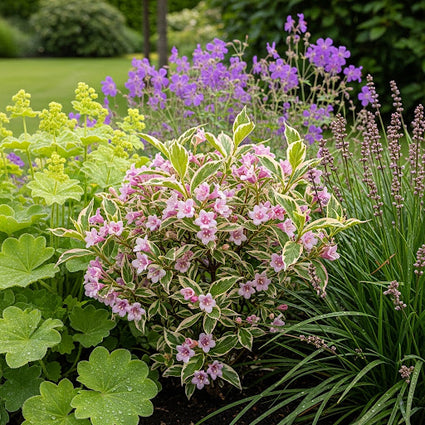 ai sfeerbeeld - weigelia monet combinatie met vrouwenmantel, geraniums en leliegras.