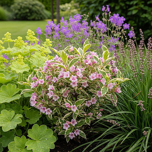 ai sfeerbeeld - weigelia monet combinatie met vrouwenmantel, geraniums en leliegras.