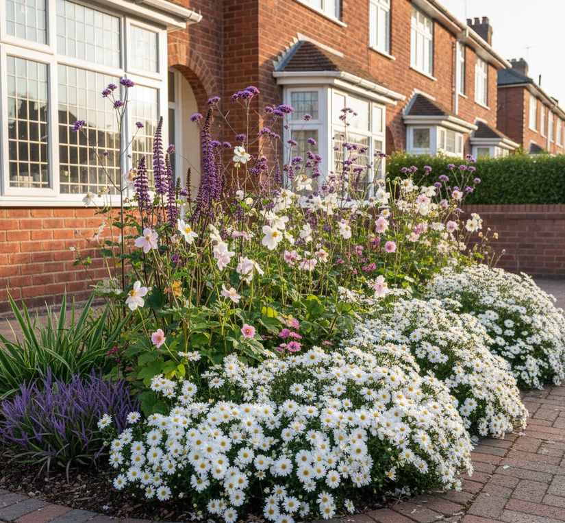 aster schneekissen combinatie met Herfstanemoon 'Anemone'

Zilverkaars 'Cimicifuga'

Leliegras 'Liriope'

IJzerhard 'Verbena' in voortuin border