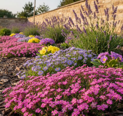 Saponaria ocymoides combineren in border met fijnstraal, sleutelbloem primula en lavendel