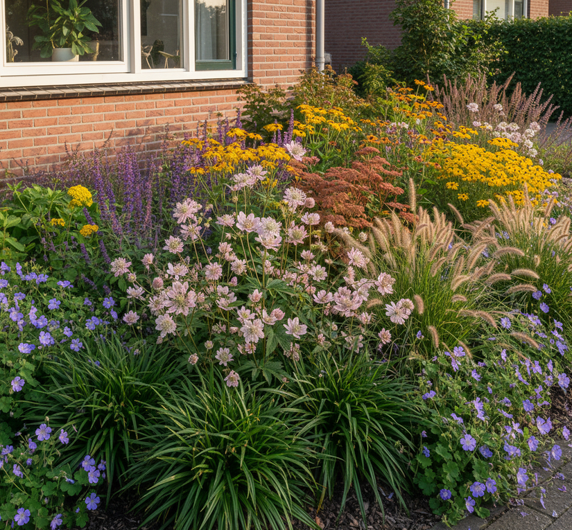 zegge carex irish green met  
Zeeuws knoopje 'Astrantia'

Kattenkruid 'Nepeta'

Duizendblad 'Achillea'

Ooievaarsbek 'tuingeraniums'

Lampenpoetsersgras 'Pennisetum' 